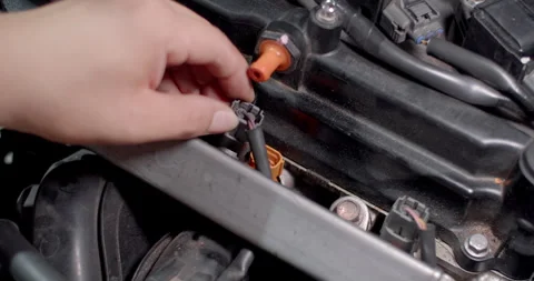 Connecting the injector wiring plug after securing the injector rail to complete Stock Footage 314768573
