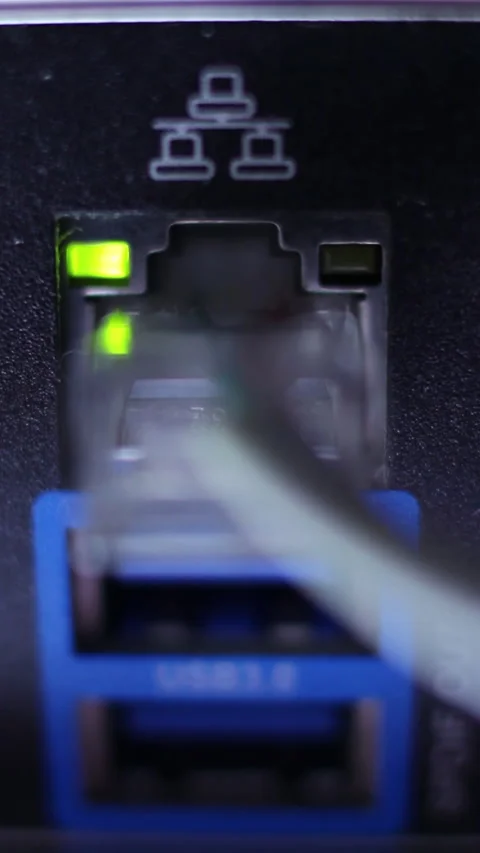 Connecting Internet Cable To A Computer And The LED Lights Blinks, Close-up. Stock Footage 270295153