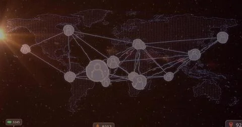 Connecting large circular node linking user-icon nodes over dotted map with lens Stockillustratie