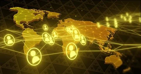 Connecting networked map display showing glowing user icons and arcs over 3D 스톡 일러스트