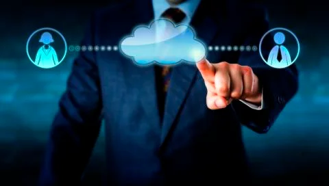 Connecting With Office Workers Via A Blank Cloud Illustrazione stock