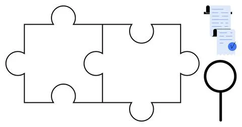 Connecting the Pieces - Puzzle with Documents and Magnifying Glass Stock Illustration