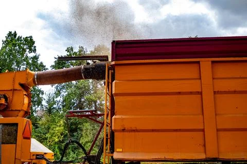 Connecting pipe of plant pruning and shredding machine towards cargo container Stock Photos