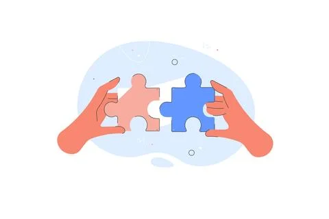 Connecting puzzle pieces. Two hands building relationship flat vector Stock Illustration