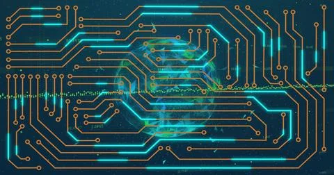 Connecting teal circuits and orange nodes across Earth globe in starfield, Stock Illustration