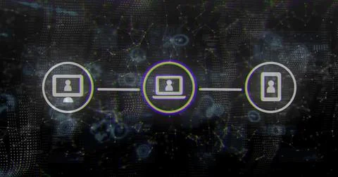 Connecting three device icons forming horizontal network on dotted map, Stock Illustration