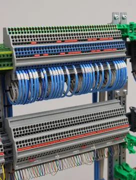 Connecting through-pass electrical terminals in the electrical panel Stock Photos