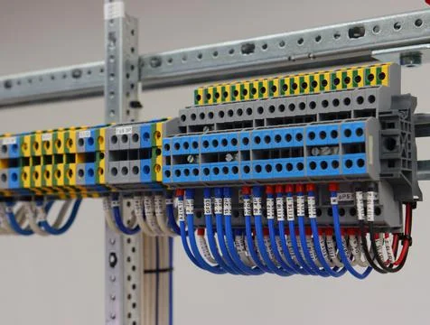 Connecting through-pass electrical terminals in the electrical panel Stock Photos