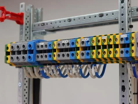 Connecting through-pass electrical terminals in the electrical panel Stock Photos