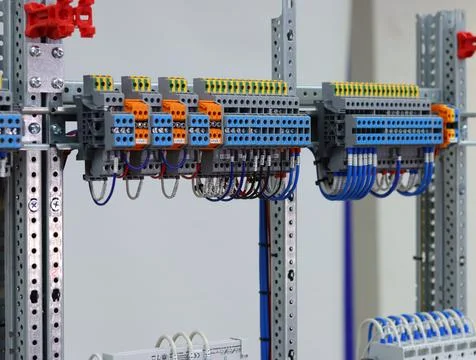 Connecting through-pass electrical terminals in the electrical panel Stock Photos