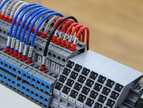 Connecting through-pass electrical terminals in the electrical panel Stock Photos
