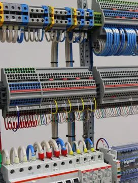 Connecting through-pass electrical terminals in the electrical panel Stock Photos