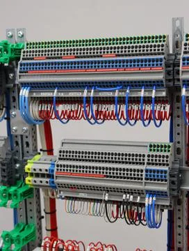 Connecting through-pass electrical terminals in the electrical panel Stock Photos