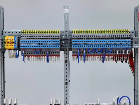 Connecting through-pass electrical terminals in the electrical panel Stock Photos