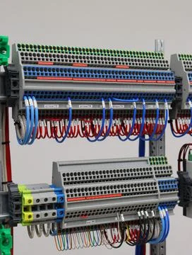 Connecting through-pass electrical terminals in the electrical panel Stock Photos