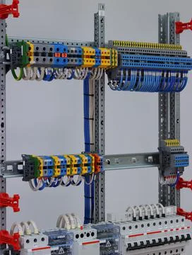 Connecting through-pass electrical terminals in the electrical panel Stock Photos