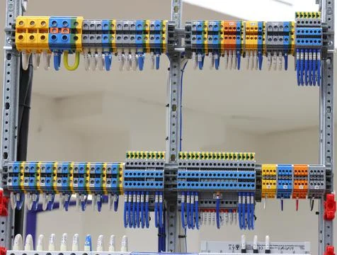 Connecting through-pass electrical terminals in the electrical panel Stock Photos