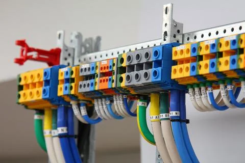 Connecting through-pass electrical terminals in the electrical panel Stock Photos