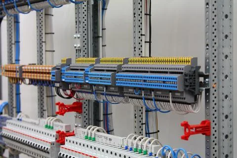 Connecting through-pass electrical terminals in the electrical panel Stock Photos