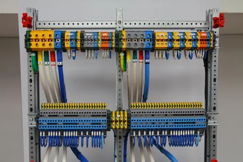 Connecting through-pass electrical terminals in the electrical panel Stock Photos