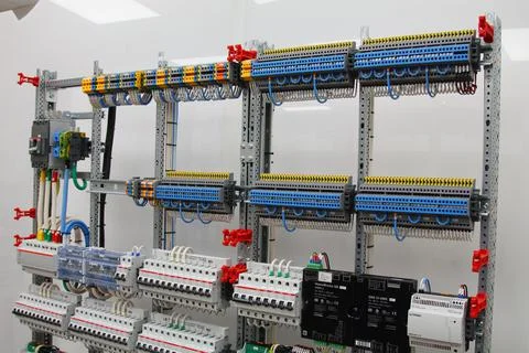 Connecting through-pass electrical terminals in the electrical panel Stock Photos