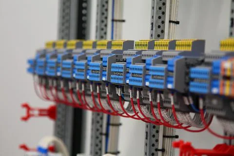 Connecting through-pass electrical terminals in the electrical panel Stock Photos