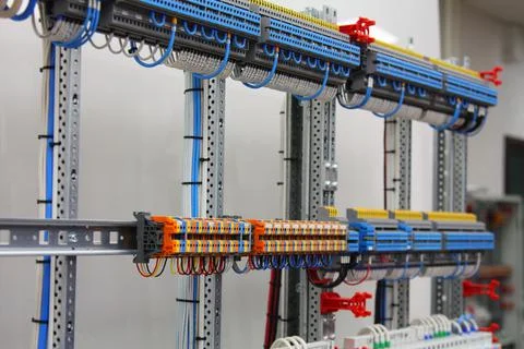Connecting through-pass electrical terminals in the electrical panel Stock Photos