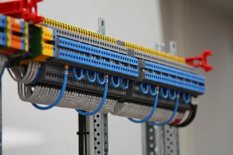 Connecting through-pass electrical terminals in the electrical panel Stock Photos
