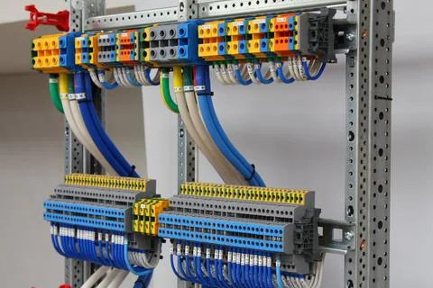 Connecting through-pass electrical terminals in the electrical panel Stock Photos