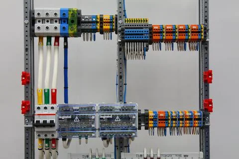 Connecting through-pass electrical terminals in the electrical panel Stock Photos