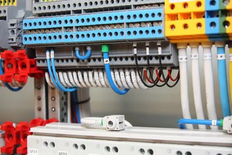 Connecting through-pass electrical terminals in the electrical panel Stock Photos