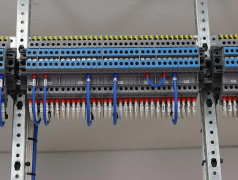 Connecting through-pass electrical terminals in the electrical panel Stock Photos
