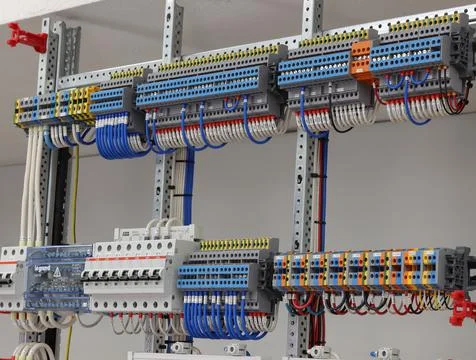 Connecting through-pass electrical terminals in the electrical panel Stock Photos