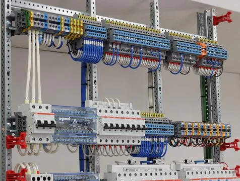Connecting through-pass electrical terminals in the electrical panel Stock Photos