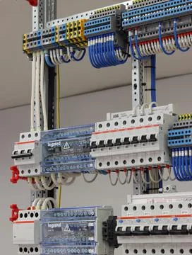 Connecting through-pass electrical terminals in the electrical panel Stock Photos