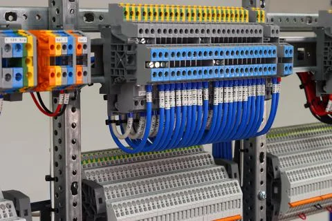 Connecting through-pass electrical terminals in the electrical panel Stock Photos