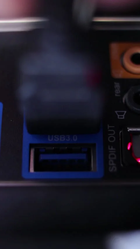 Connecting USB cable to computer. USB connection, socket closeup. Vertical video Stock Footage 270295052