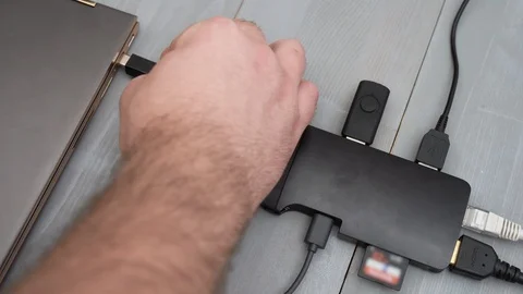 Connecting USB Type C adapter or hub to the laptop. Video stock 123601317