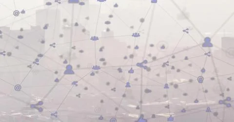 Connecting user, group, interaction and at-sign icons across blurred skyline in Stock Photos