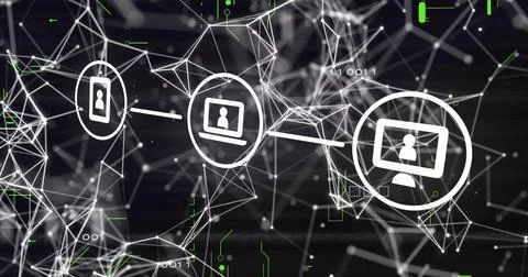 Connecting white circled device icons in virtual cyberspace with mesh network Stockfoto's