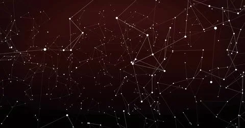 Connecting white nodes with thin lines forming network over dark red to black 库存插图