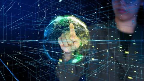 Connection Around Earth, someone points at the global abstract technology bac Stock Illustration