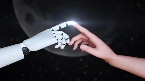 Connection between human and robot with finger in night time moon background. Vidéo 171680863