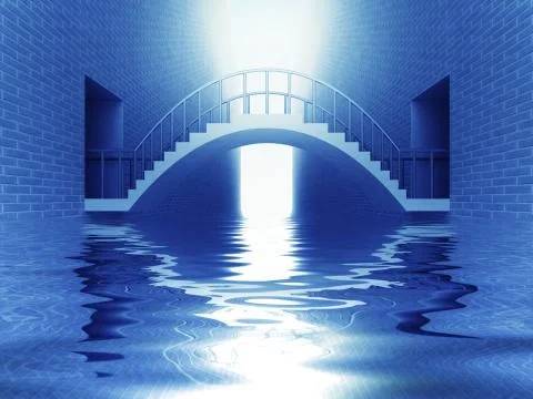 Connection bridge arch over river in blue light render illustration Stock Illustration