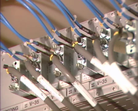 Connection cables V-35 ampere in computer mainframe 1980s Stock Footage 46703180