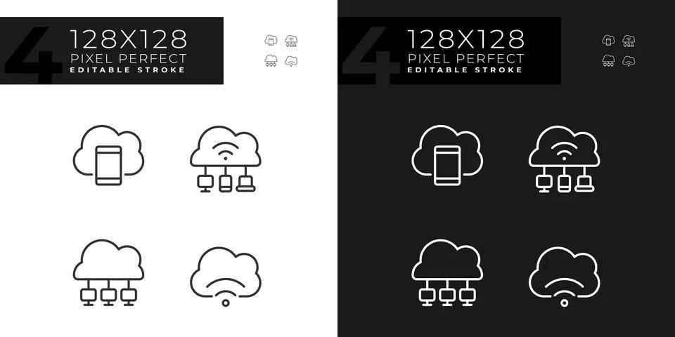 Connection to cloud servers pixel perfect linear icons set for dark, light mode Stockillustratie