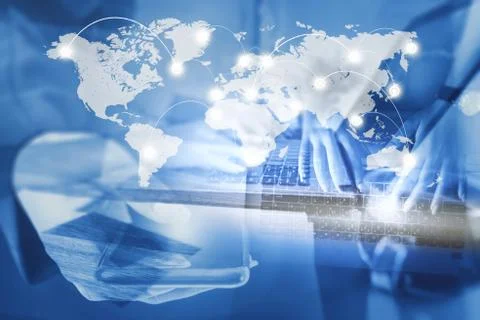 Connection concept, double exposure working with smart mobile phone and lapto Stock Photos