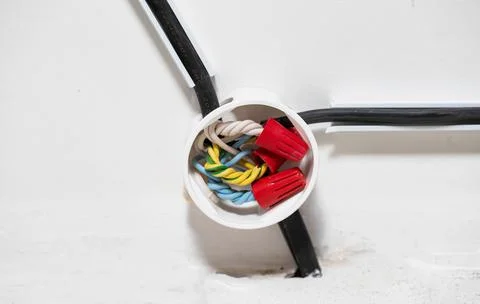 Connection of electrical wires in electrical boxes using red caps of connecting Photos