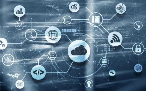 Connection Network illustration Project. Graphics on Virtual Screen Data Center Stock Illustration