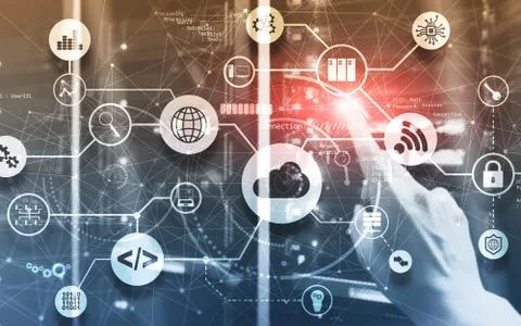 Connection Network Project 2020. Mixed Media Graphics on Virtual Screen Data Stock Illustration